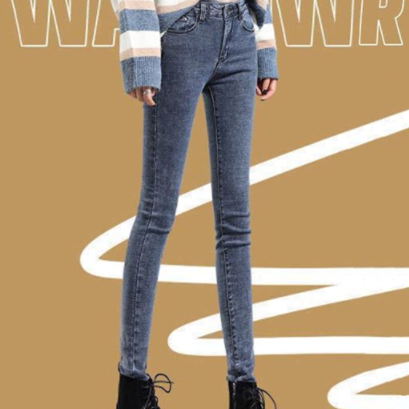 Thicken Stretch Skinny Fleece Jeans Winter Women Women High Waist Button Black Warm Jeans Lady Vintage Denim Pencil Korean Pants